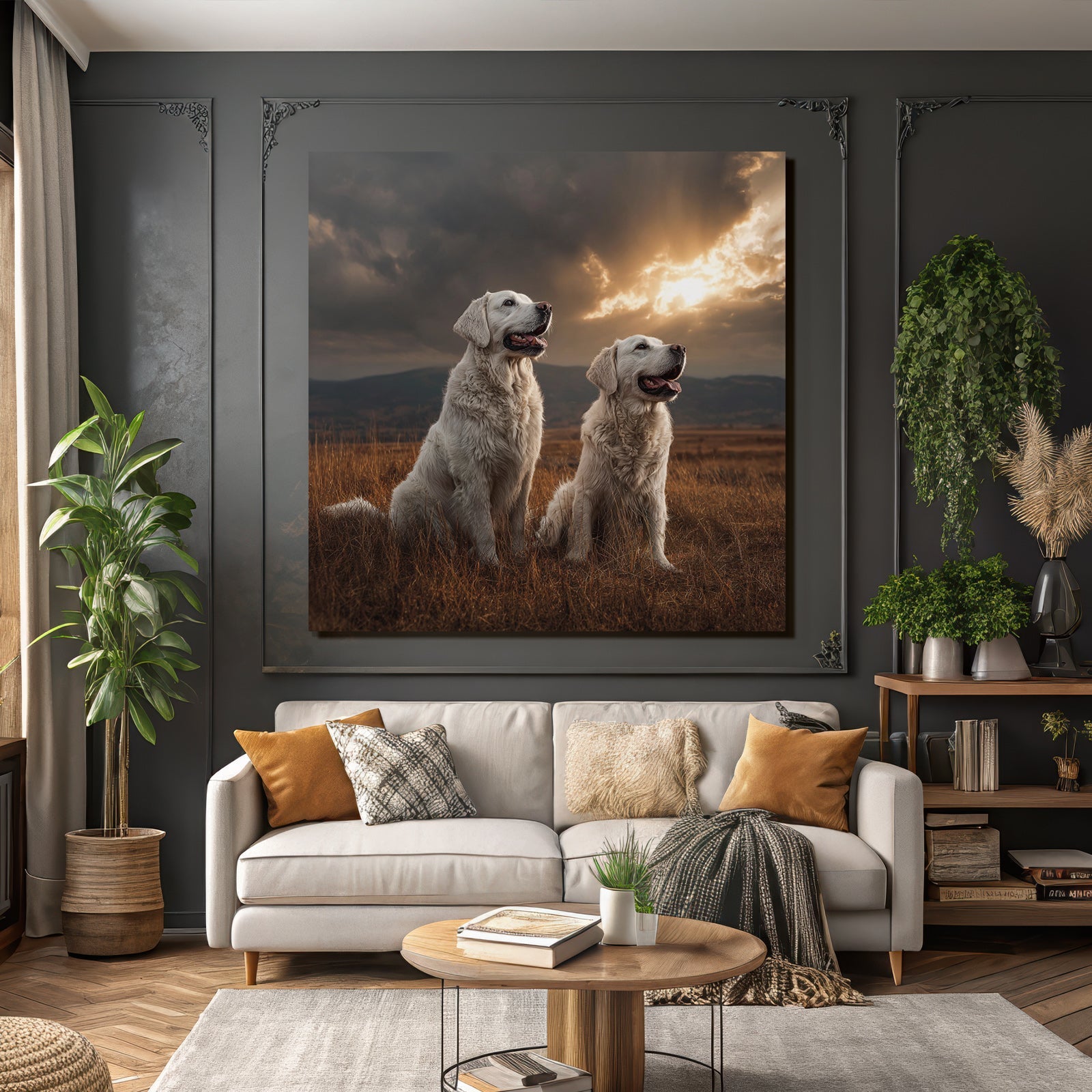 Golden Retriever Im Grünen Feld Mit Sonnenuntergang