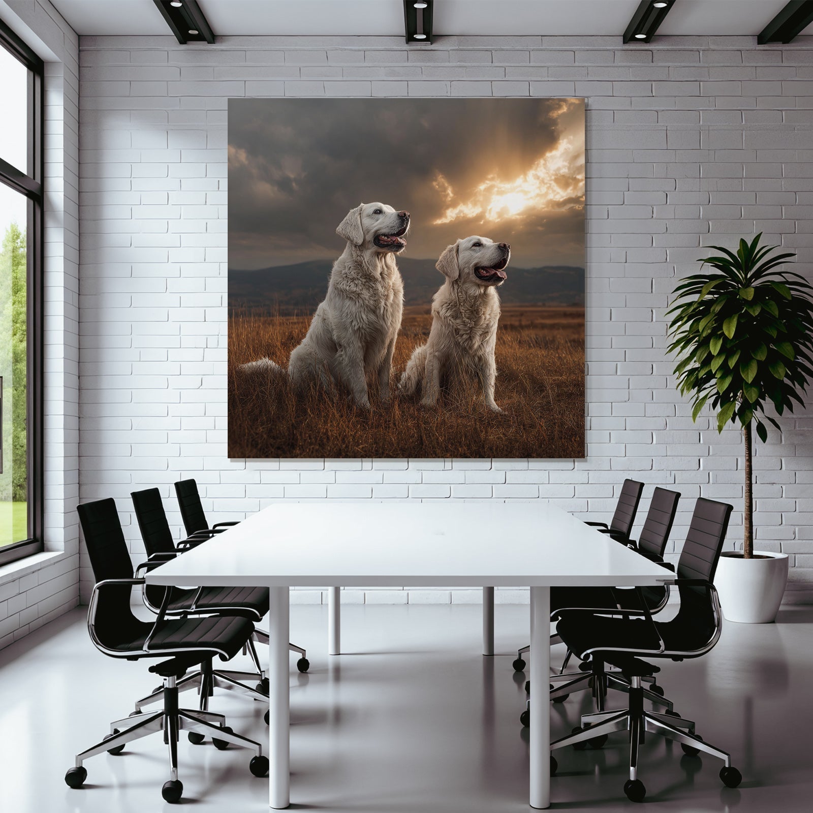 Golden Retriever Im Grünen Feld Mit Sonnenuntergang