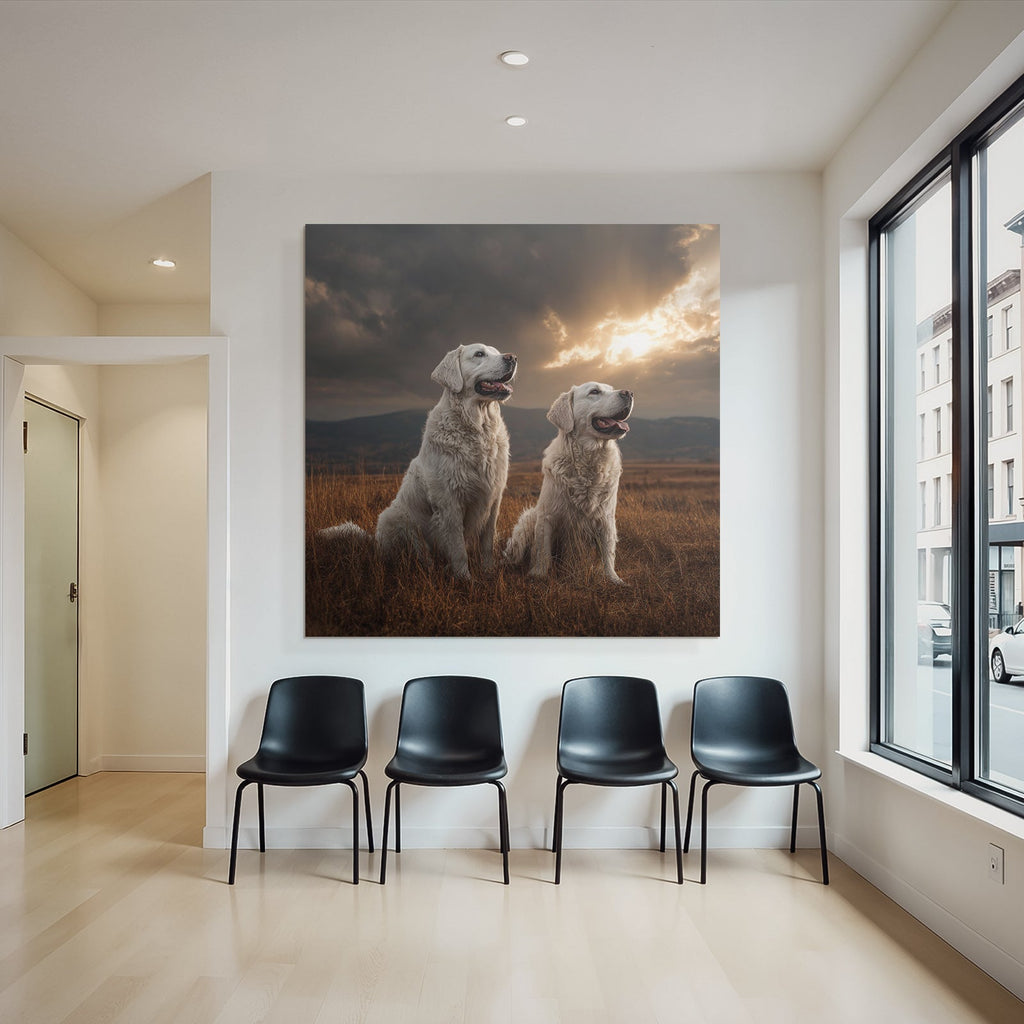 Golden Retriever Im Grünen Feld Mit Sonnenuntergang