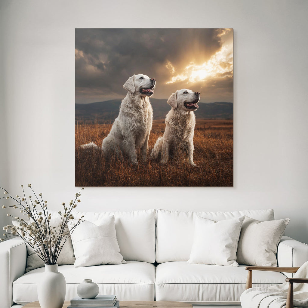 Golden Retriever Im Grünen Feld Mit Sonnenuntergang