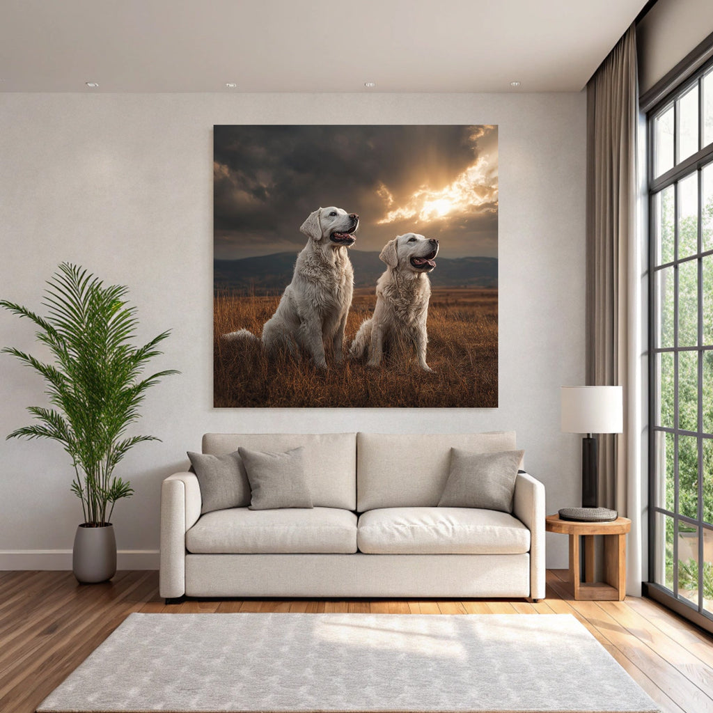 Golden Retriever Im Grünen Feld Mit Sonnenuntergang