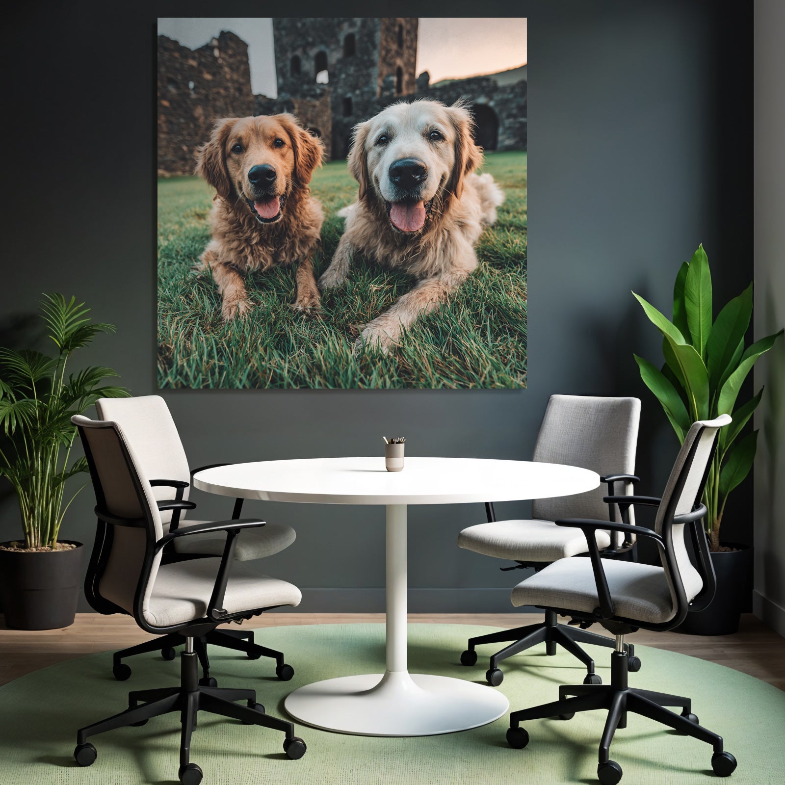 Golden Retrievers Liegen Im Grünen Gras Smile Steinerne Ruinen Hintergrund