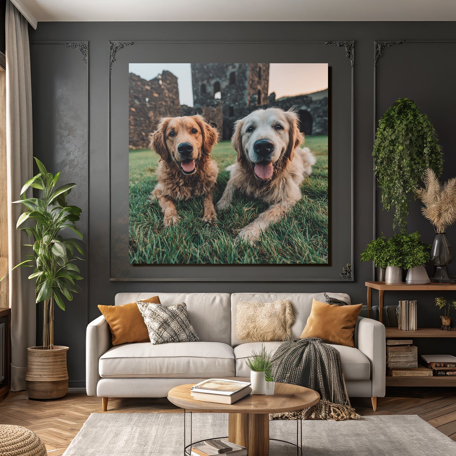 Golden Retrievers Liegen Im Grünen Gras Smile Steinerne Ruinen Hintergrund