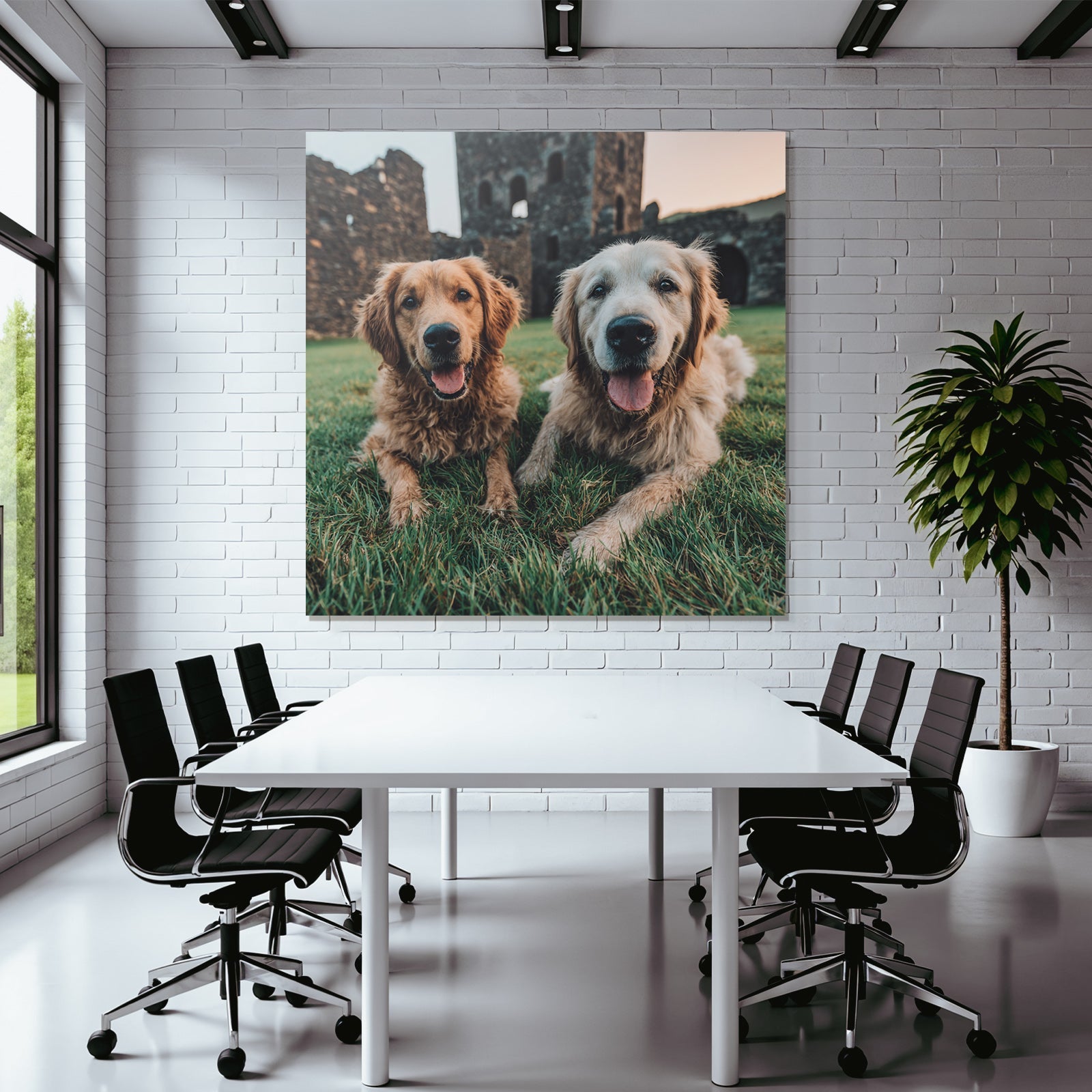 Golden Retrievers Liegen Im Grünen Gras Smile Steinerne Ruinen Hintergrund