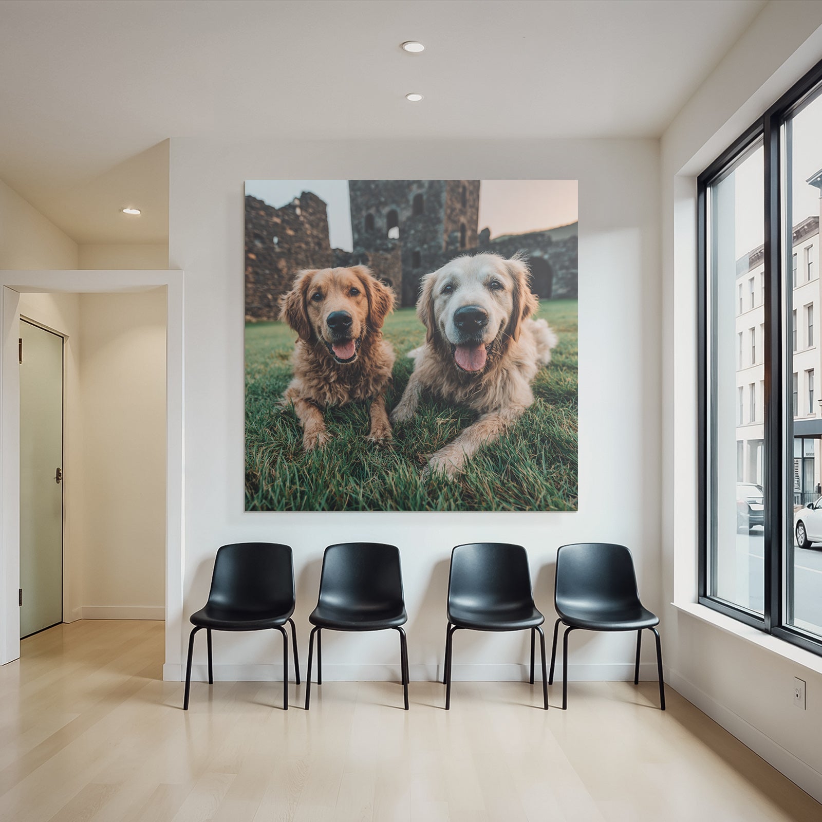 Golden Retrievers Liegen Im Grünen Gras Smile Steinerne Ruinen Hintergrund