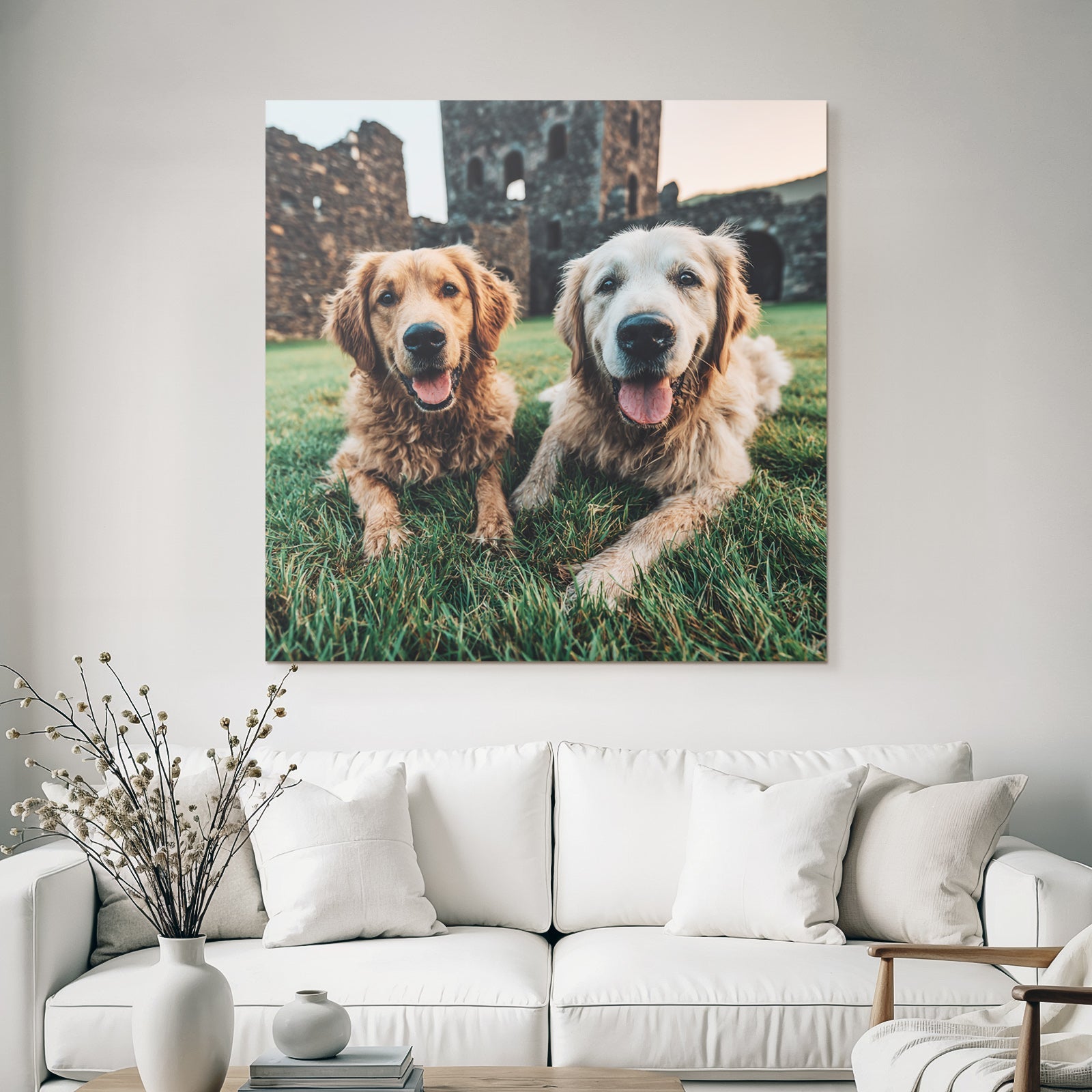 Golden Retrievers Liegen Im Grünen Gras Smile Steinerne Ruinen Hintergrund