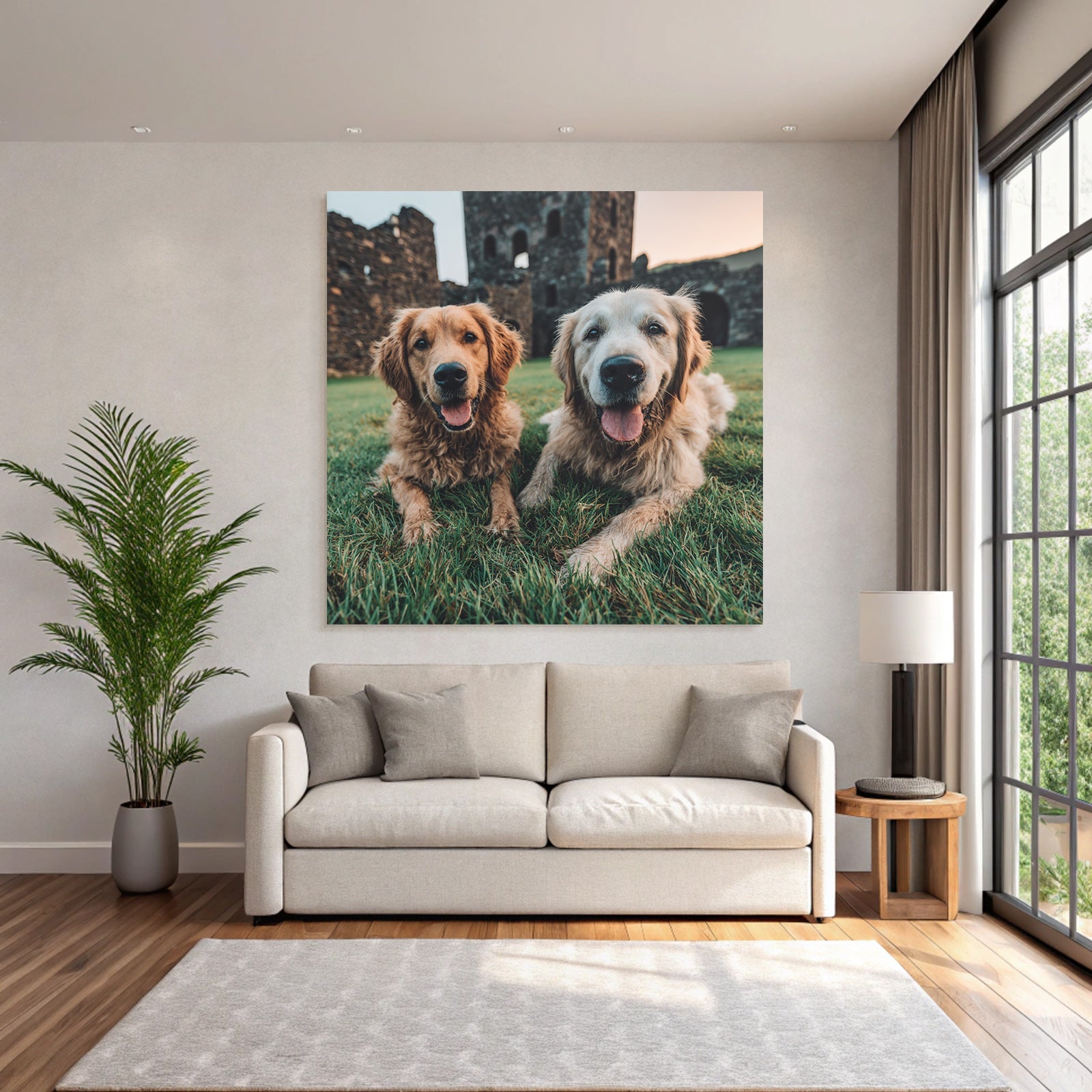 Golden Retrievers Liegen Im Grünen Gras Smile Steinerne Ruinen Hintergrund