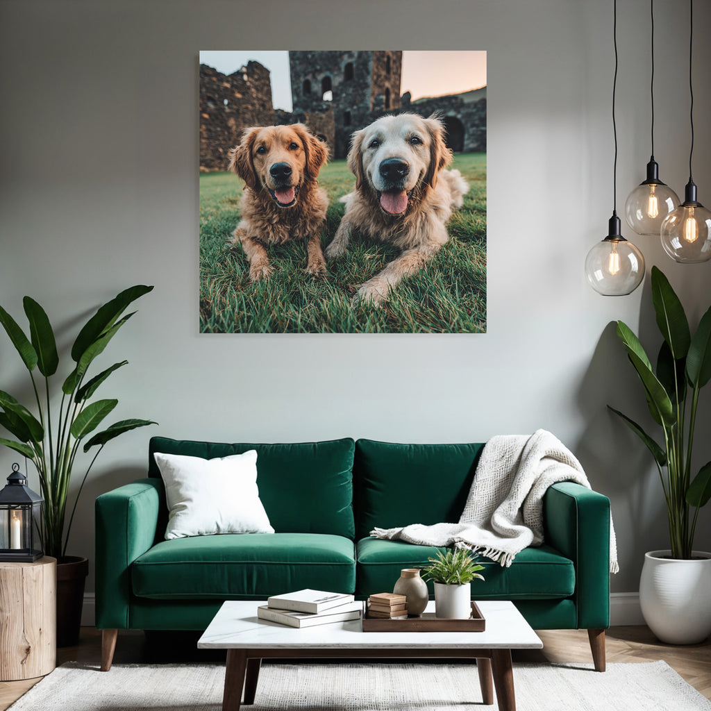 Golden Retrievers Liegen Im Grünen Gras Smile Steinerne Ruinen Hintergrund