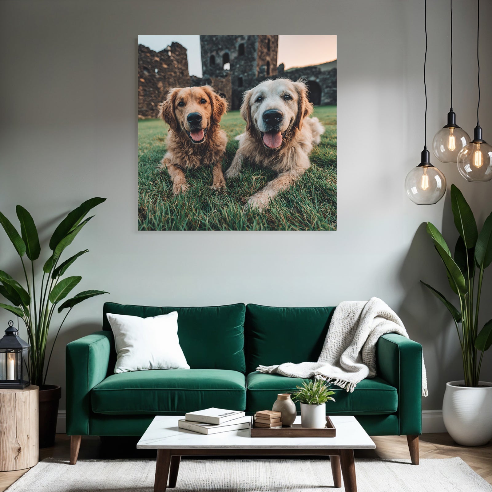 Golden Retrievers Liegen Im Grünen Gras Smile Steinerne Ruinen Hintergrund