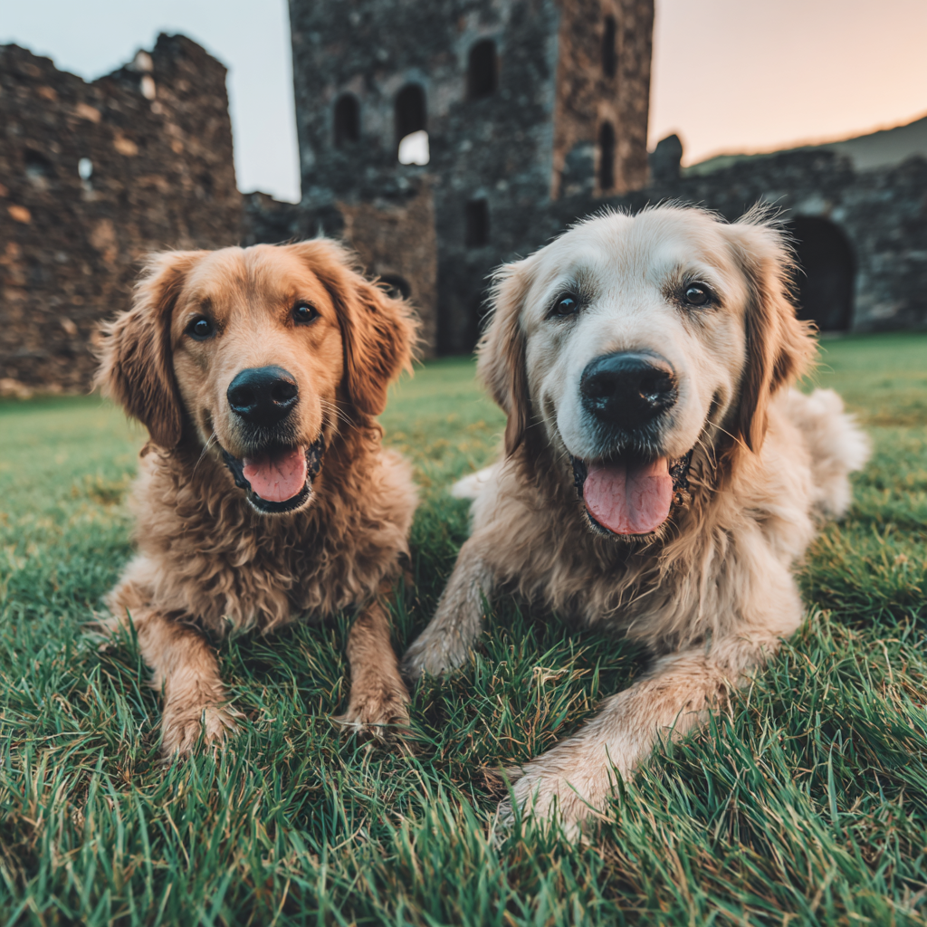 Golden Retrievers Liegen Im Grünen Gras Smile Steinerne Ruinen Hintergrund | Katzen und Hunde | Tiere