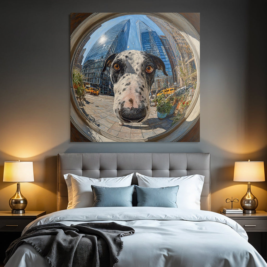 Grosser Hund Mit Geflecktem Fell In Der Stadt Fisheye Perspektive