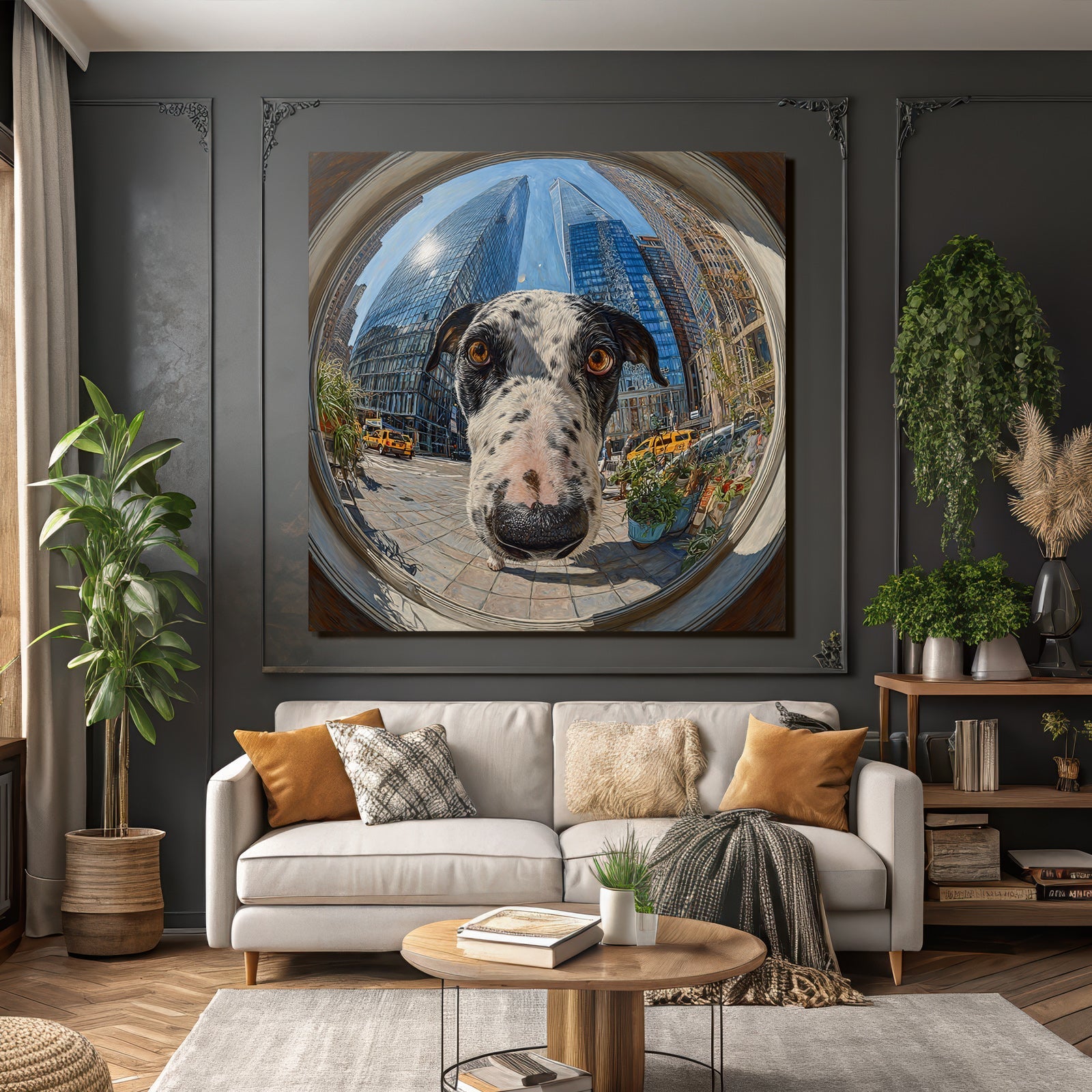 Grosser Hund Mit Geflecktem Fell In Der Stadt Fisheye Perspektive