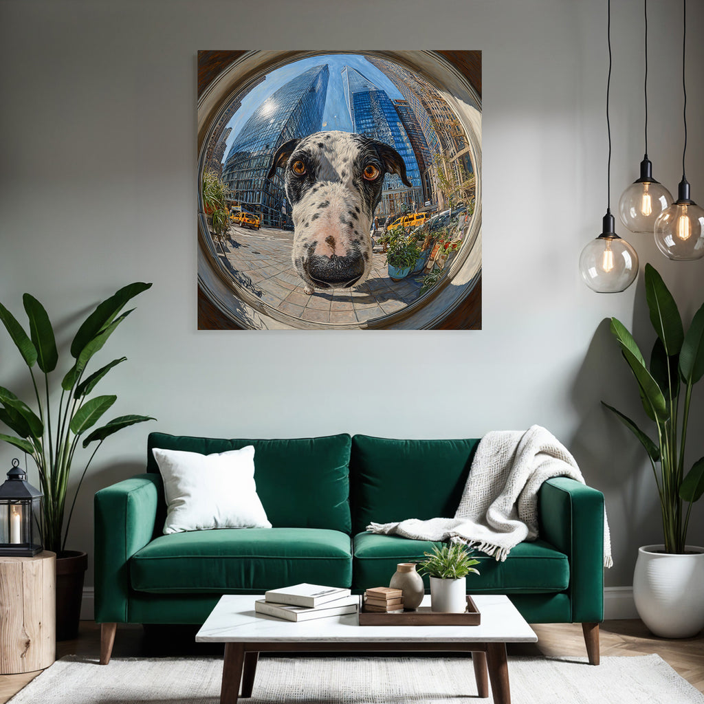 Grosser Hund Mit Geflecktem Fell In Der Stadt Fisheye Perspektive
