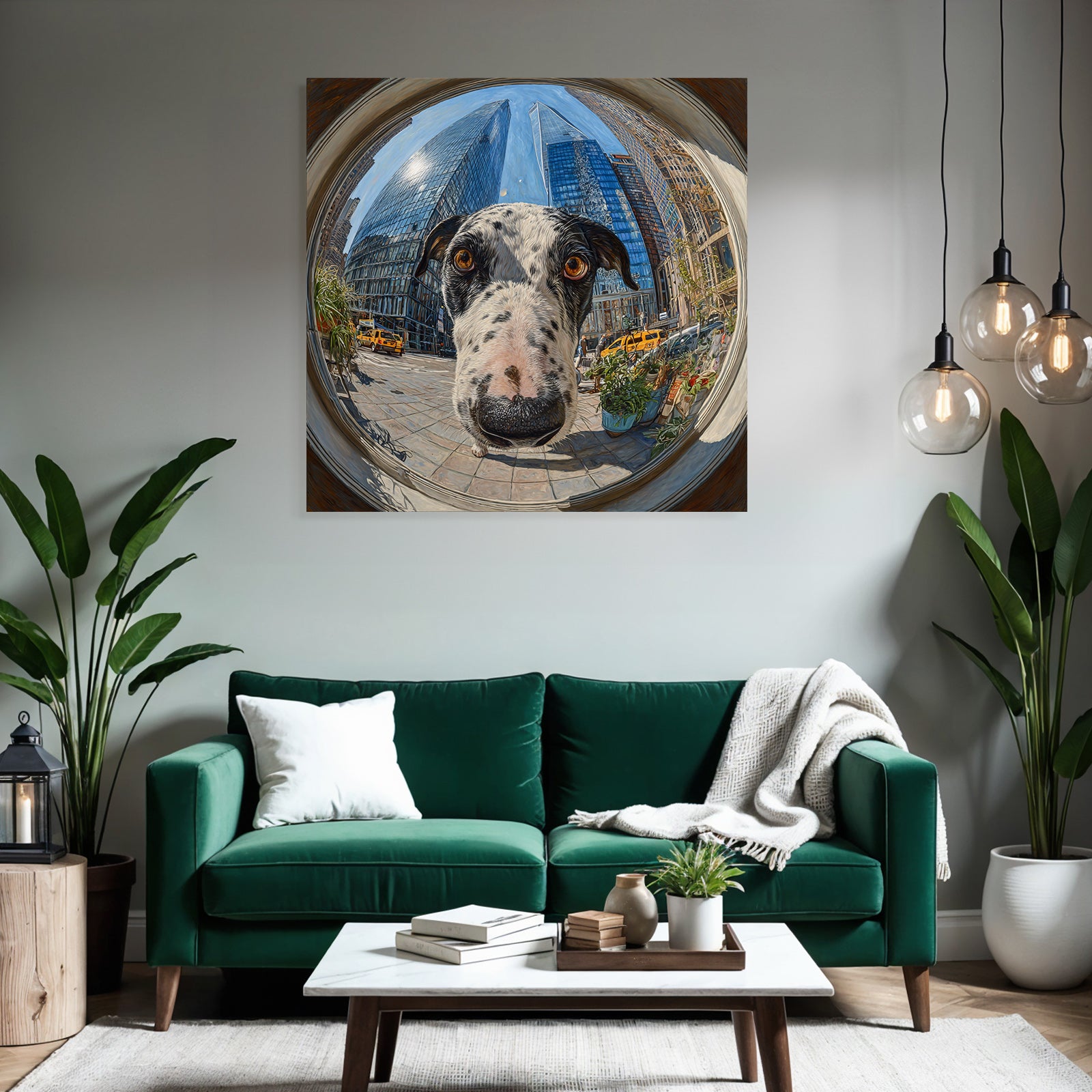Grosser Hund Mit Geflecktem Fell In Der Stadt Fisheye Perspektive