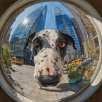 Grosser Hund Mit Geflecktem Fell In Der Stadt Fisheye Perspektive | Katzen und Hunde | Tiere