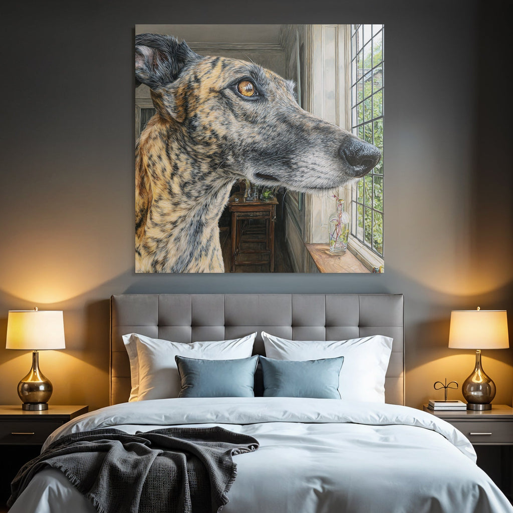 Hund Am Fenster Mit Einem Bemerkenswerten Fellmuster