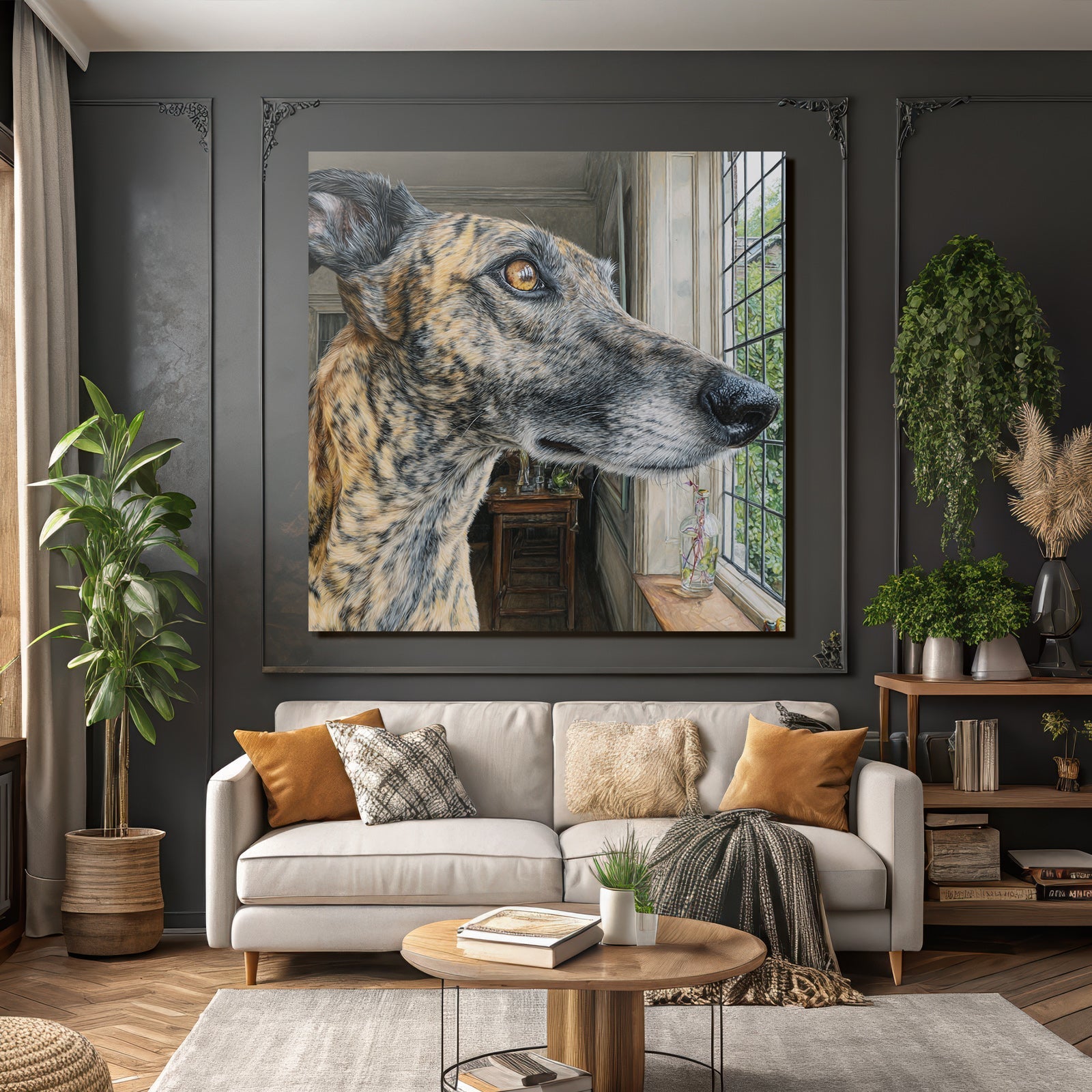 Hund Am Fenster Mit Einem Bemerkenswerten Fellmuster