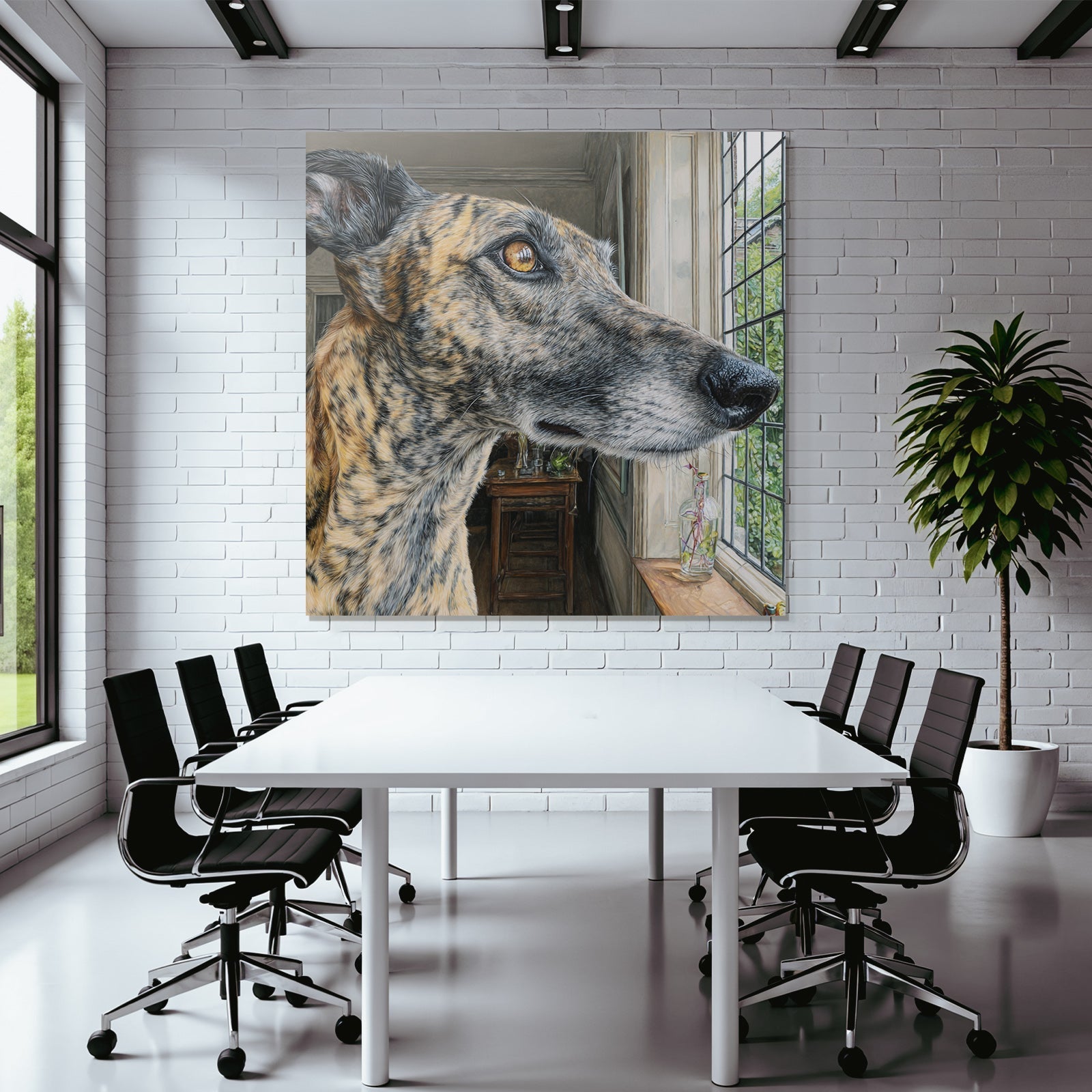 Hund Am Fenster Mit Einem Bemerkenswerten Fellmuster