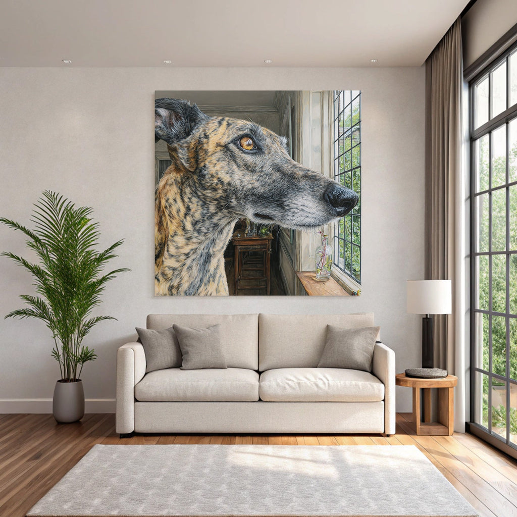 Hund Am Fenster Mit Einem Bemerkenswerten Fellmuster