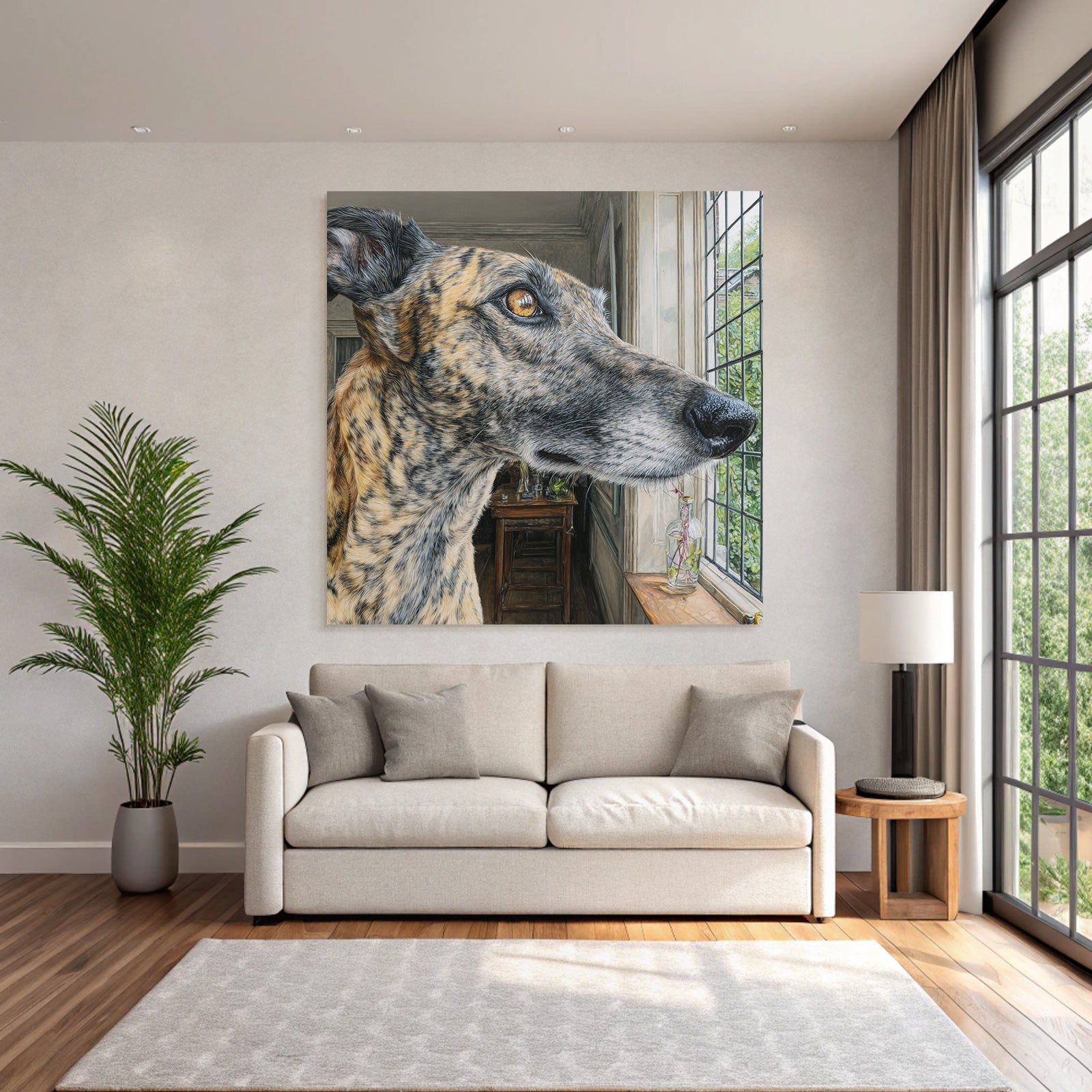 Hund Am Fenster Mit Einem Bemerkenswerten Fellmuster