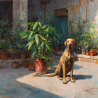 Hund In Garten Umgeben Von Blumentöpfen Künstlerische Atmosphäre | Katzen und Hunde | Tiere