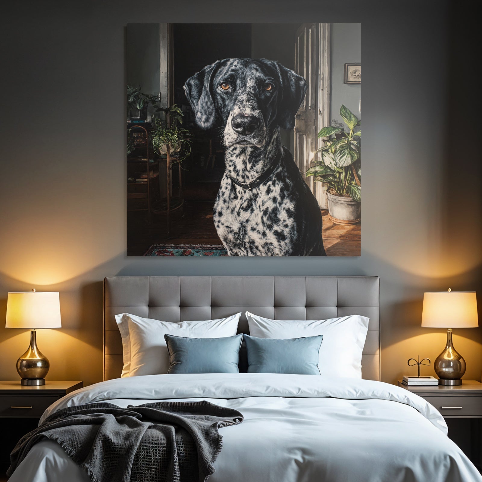 Hund Portrait Schwarz Und Weiss Punktiert Casual Innenraum