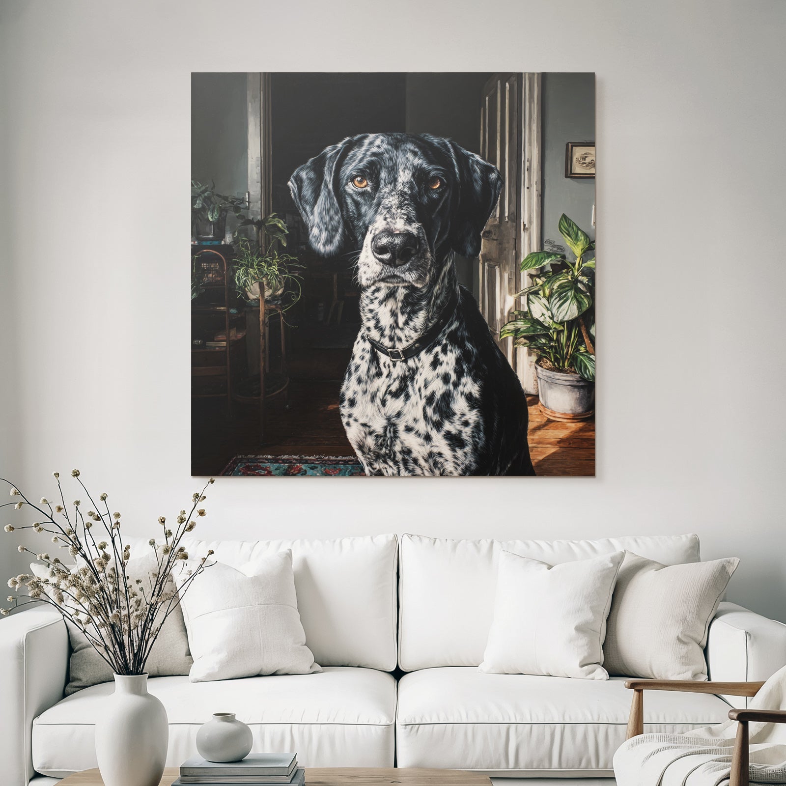 Hund Portrait Schwarz Und Weiss Punktiert Casual Innenraum