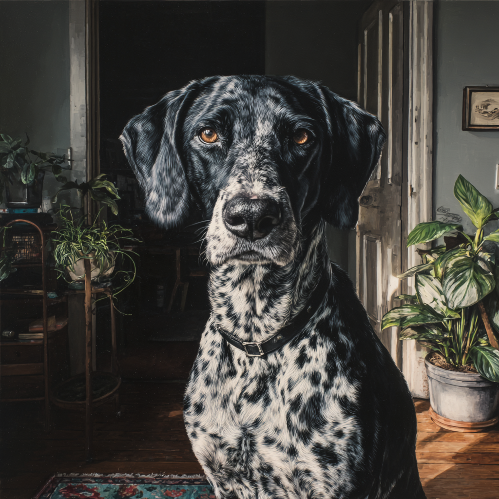 Hund Portrait Schwarz Und Weiss Punktiert Casual Innenraum | Katzen und Hunde | Tiere
