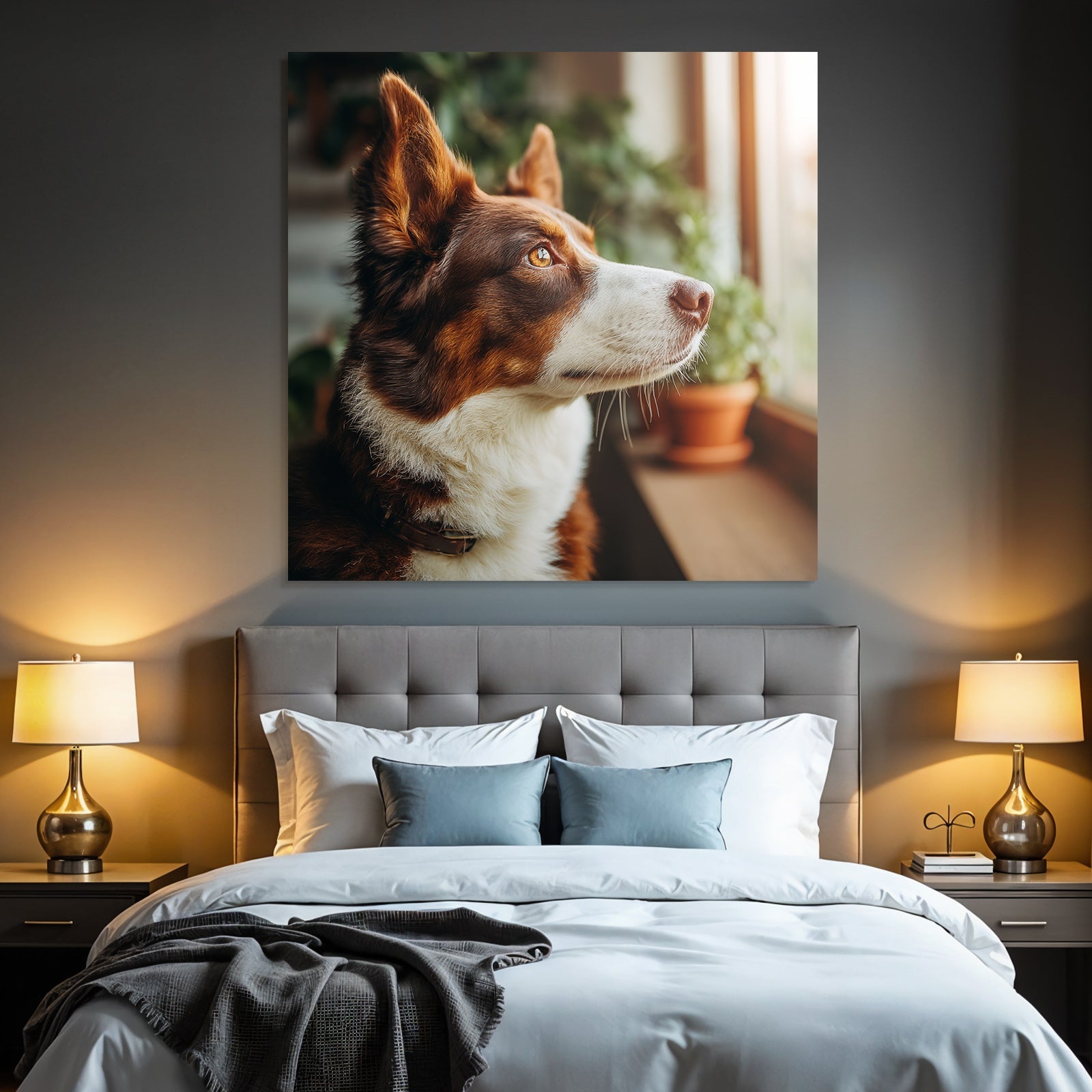 Hund Schaut Draussen Von Fenster Mit Pflanzen Im Hintergrund