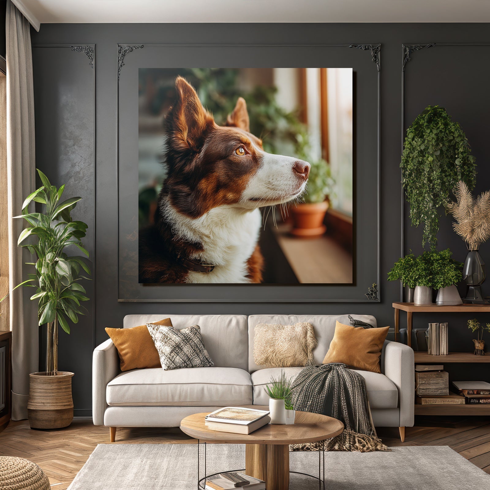 Hund Schaut Draussen Von Fenster Mit Pflanzen Im Hintergrund