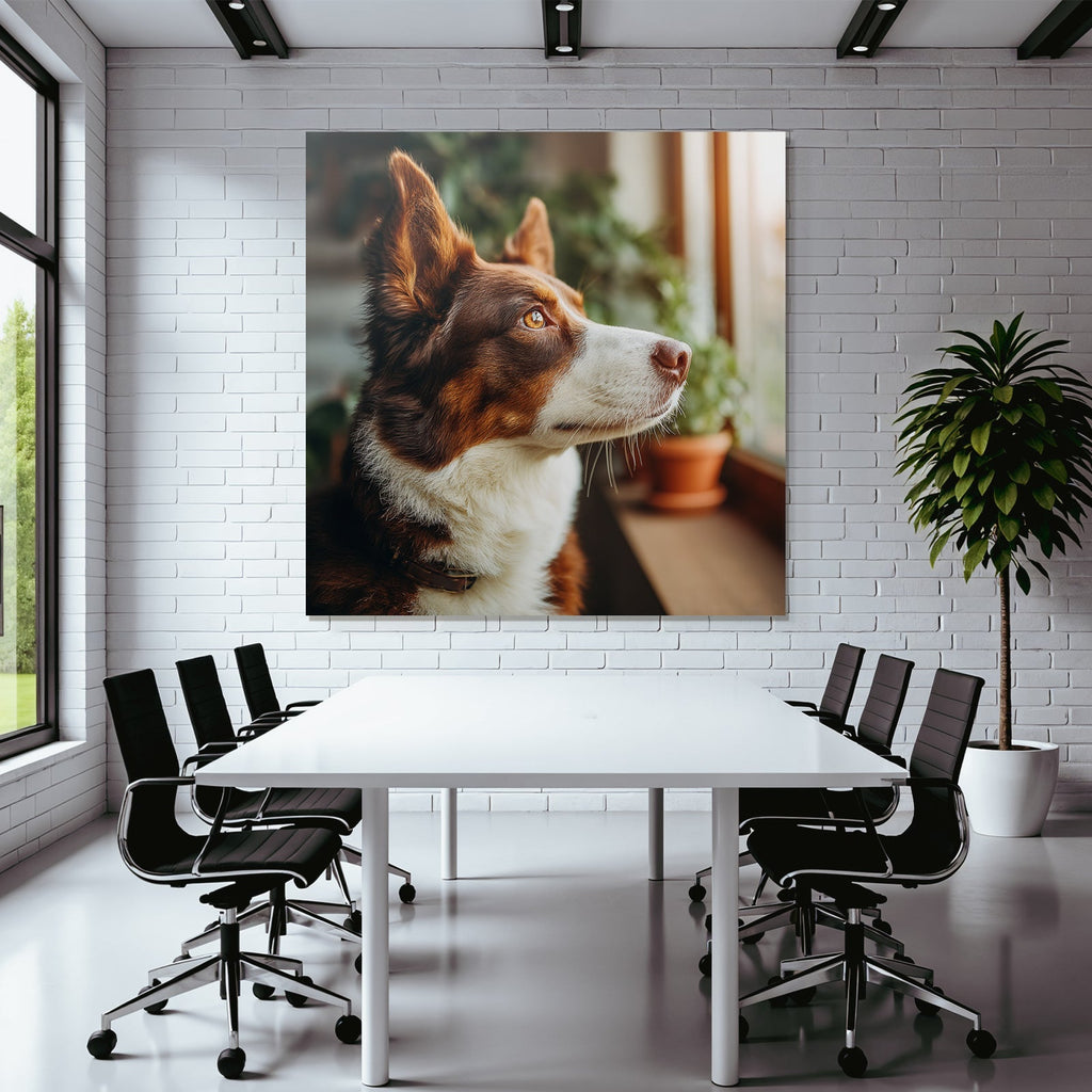 Hund Schaut Draussen Von Fenster Mit Pflanzen Im Hintergrund
