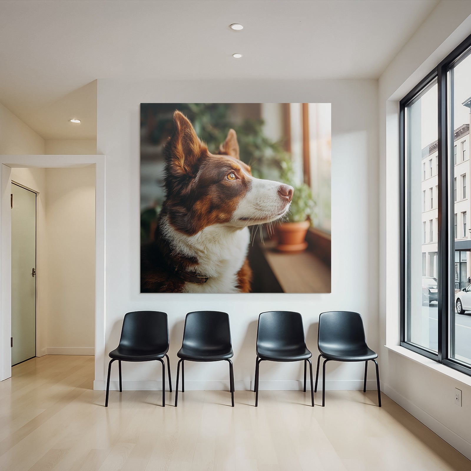 Hund Schaut Draussen Von Fenster Mit Pflanzen Im Hintergrund