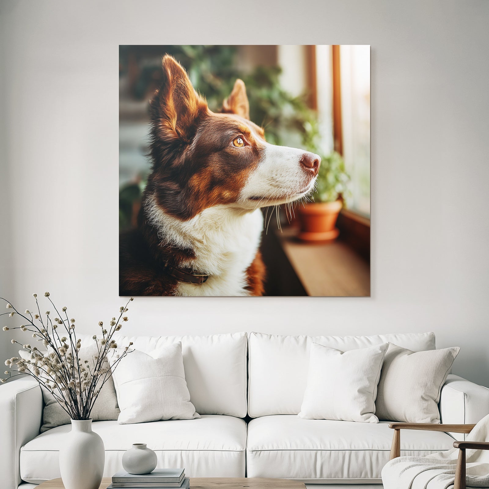 Hund Schaut Draussen Von Fenster Mit Pflanzen Im Hintergrund