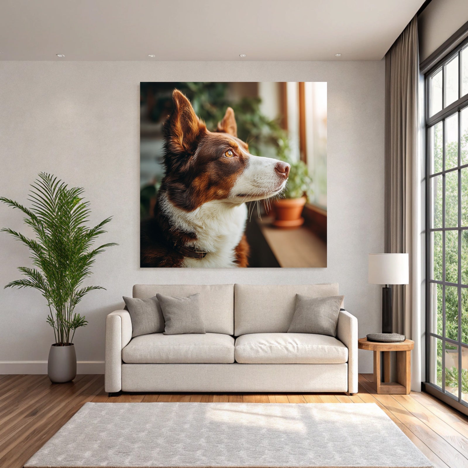 Hund Schaut Draussen Von Fenster Mit Pflanzen Im Hintergrund