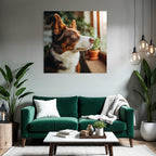 Hund Schaut Draussen Von Fenster Mit Pflanzen Im Hintergrund