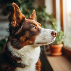 Hund Schaut Draussen Von Fenster Mit Pflanzen Im Hintergrund | Katzen und Hunde | Tiere