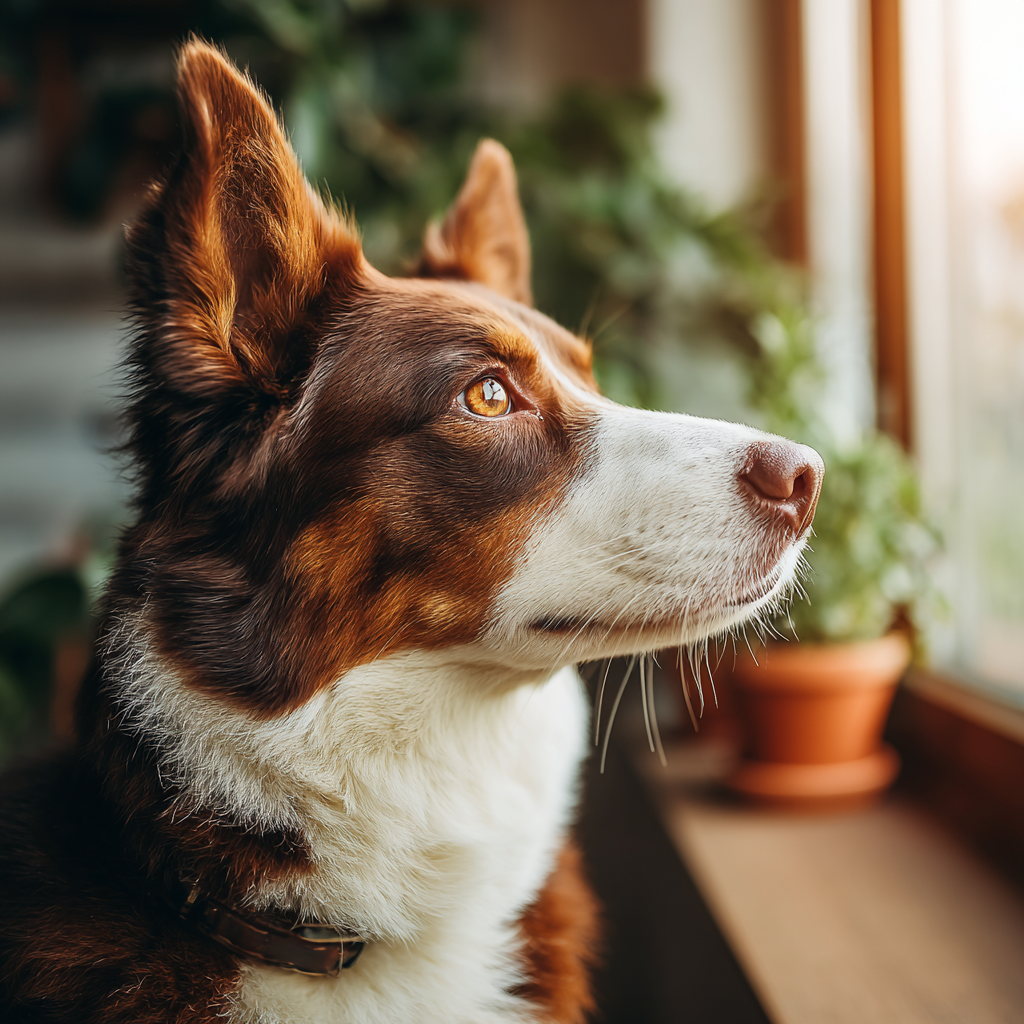 Hund Schaut Draussen Von Fenster Mit Pflanzen Im Hintergrund | Katzen und Hunde | Tiere