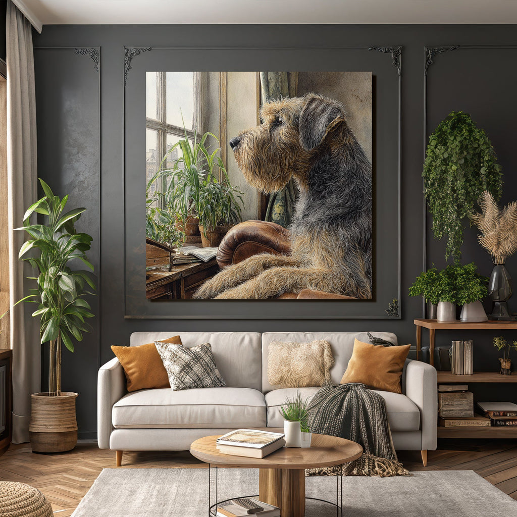 Hund Sitzen Am Fenster Und Hineinschaün In Einem Gemütlichen Innenraum