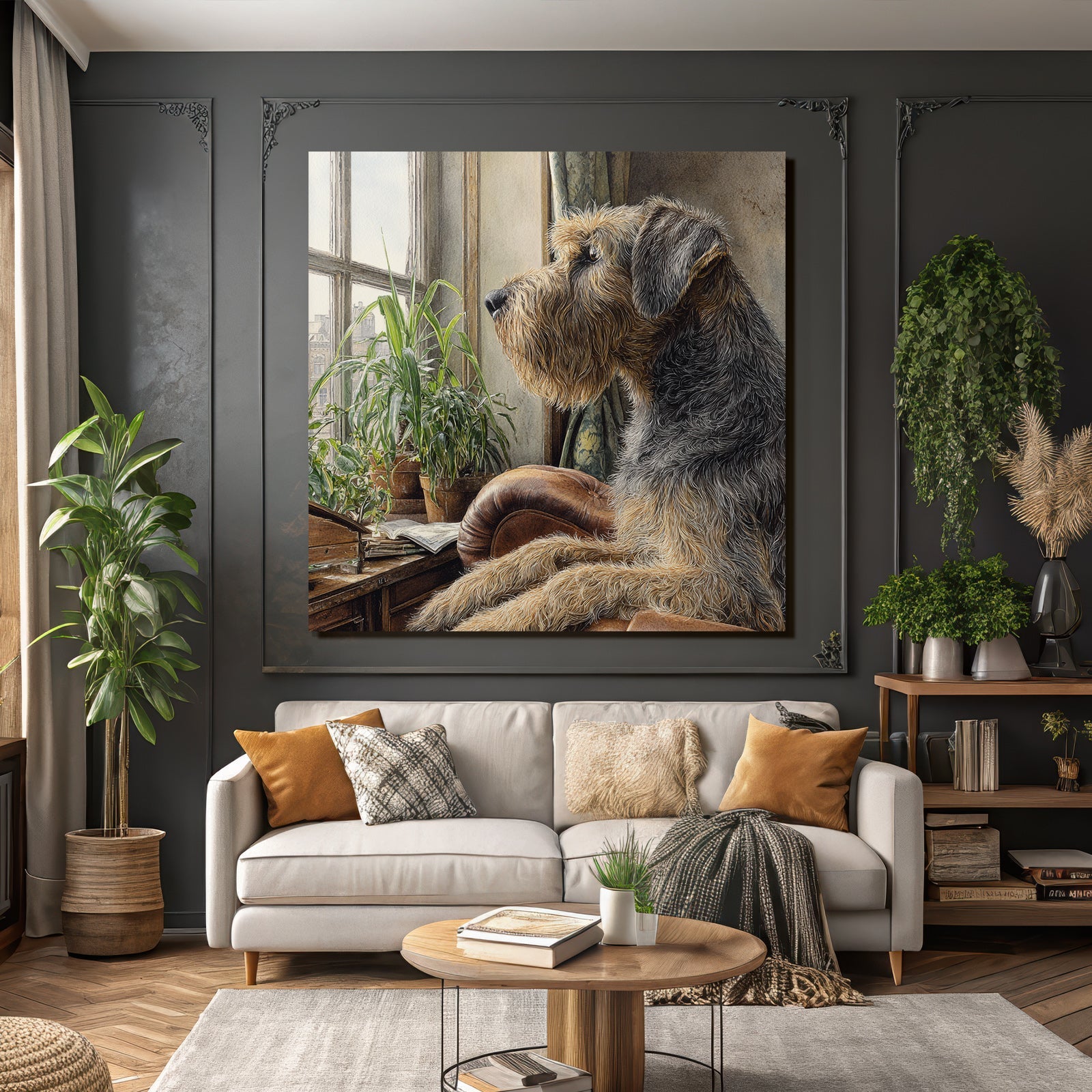 Hund Sitzen Am Fenster Und Hineinschaün In Einem Gemütlichen Innenraum