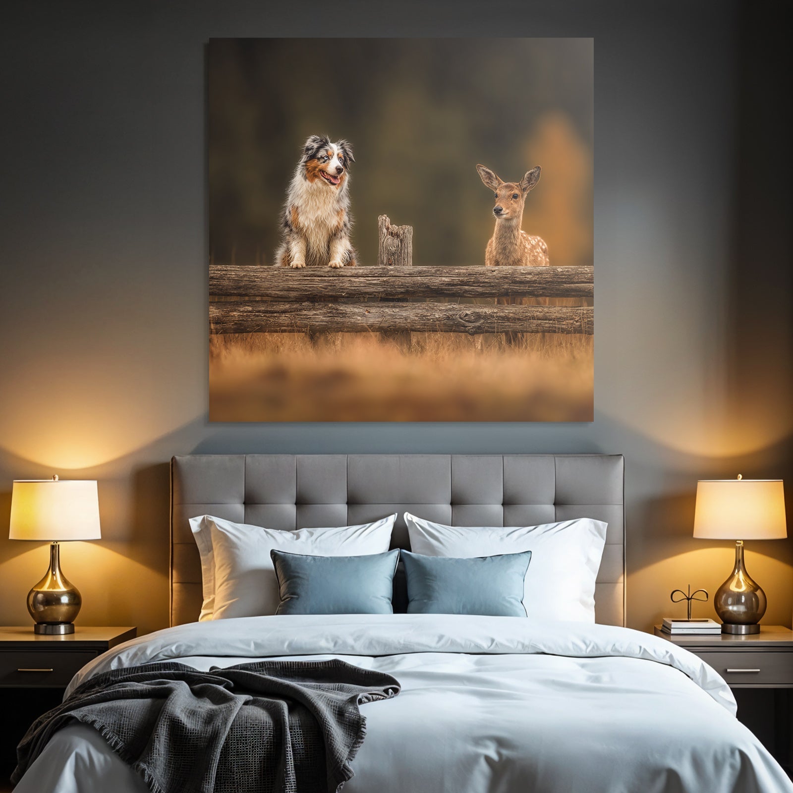 Hund Und Reh Am Holzzaun In Der Natur