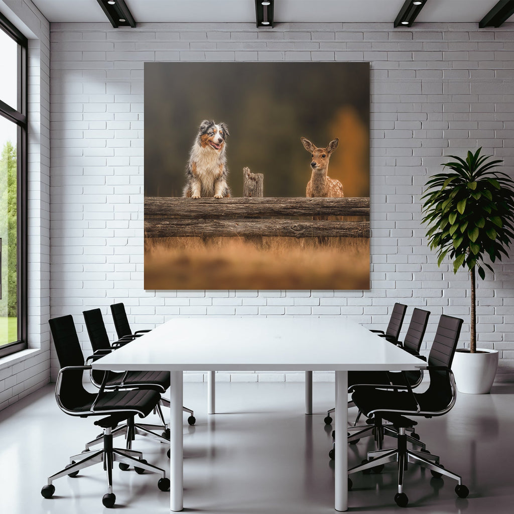 Hund Und Reh Am Holzzaun In Der Natur