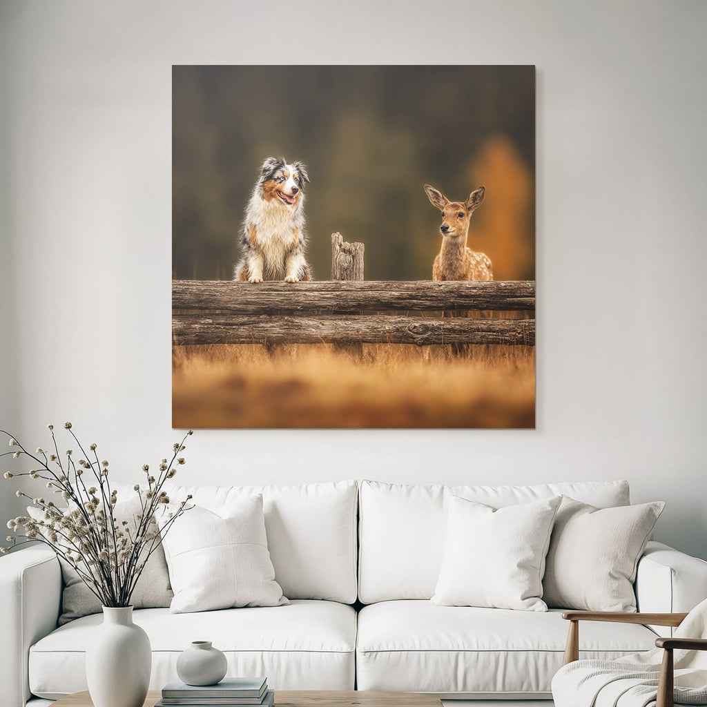 Hund Und Reh Am Holzzaun In Der Natur