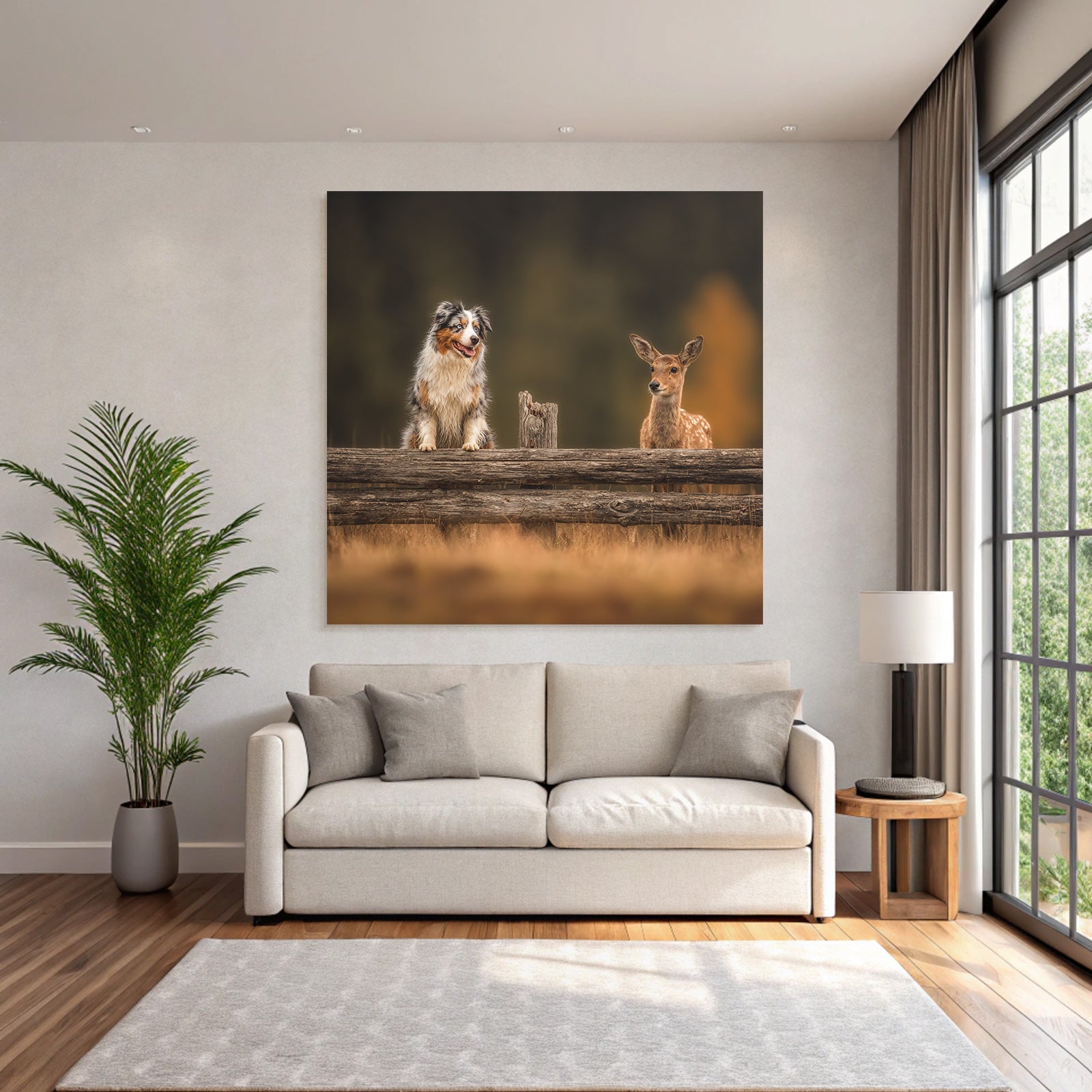 Hund Und Reh Am Holzzaun In Der Natur