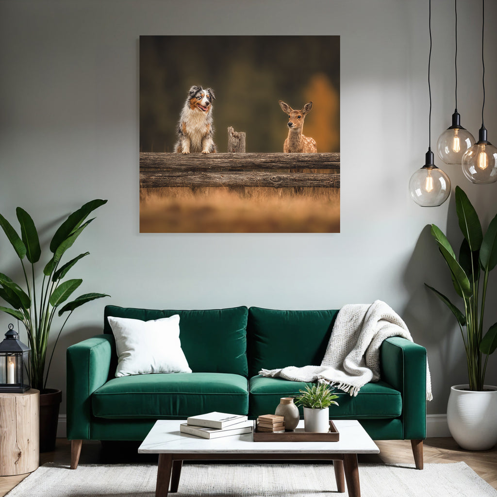 Hund Und Reh Am Holzzaun In Der Natur