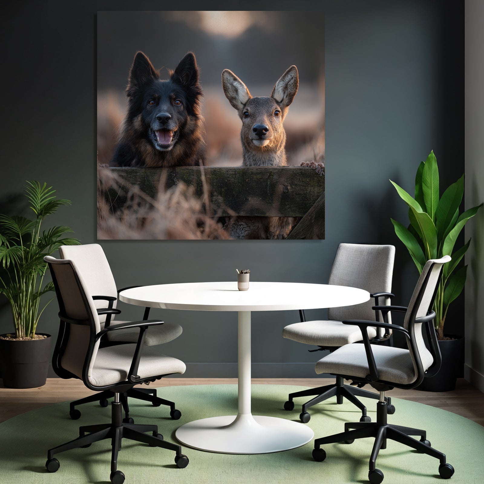 Hund Und Reh Freunde Beim Goldenen Stundenlicht