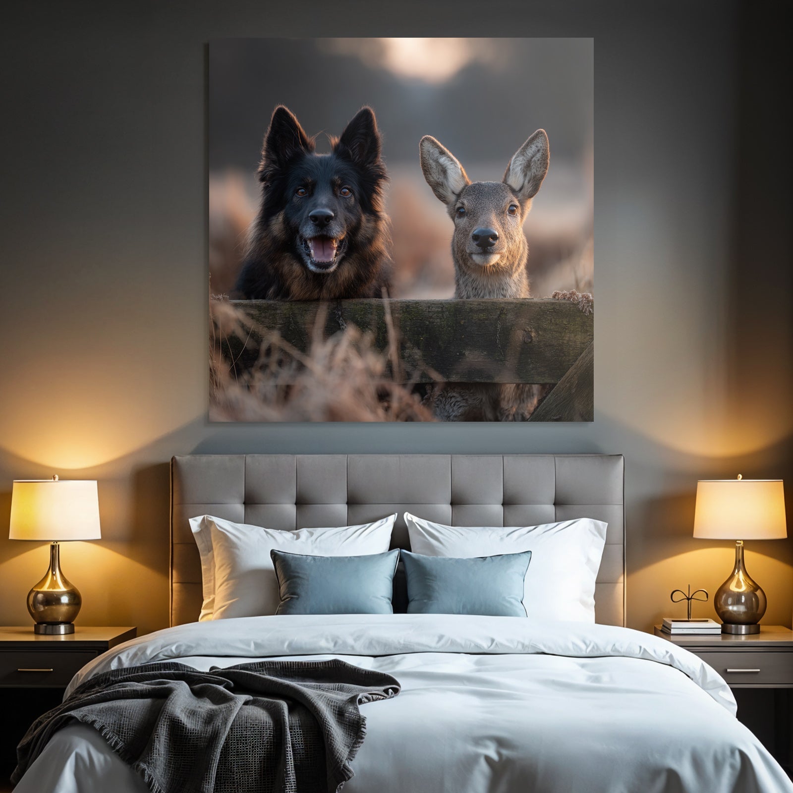 Hund Und Reh Freunde Beim Goldenen Stundenlicht