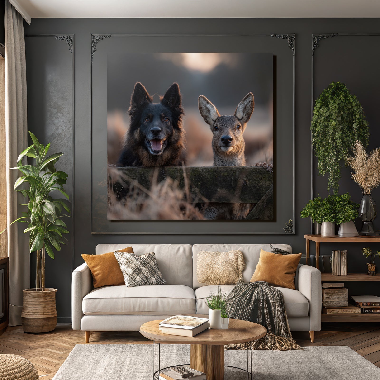 Hund Und Reh Freunde Beim Goldenen Stundenlicht