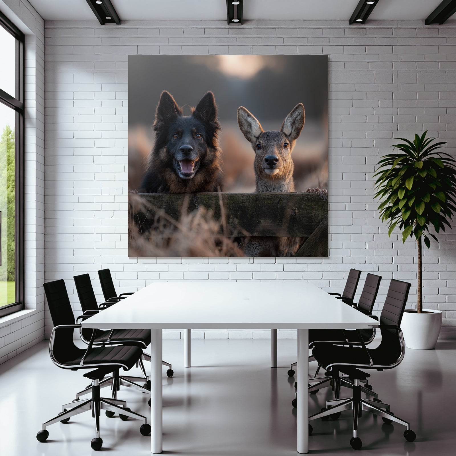 Hund Und Reh Freunde Beim Goldenen Stundenlicht