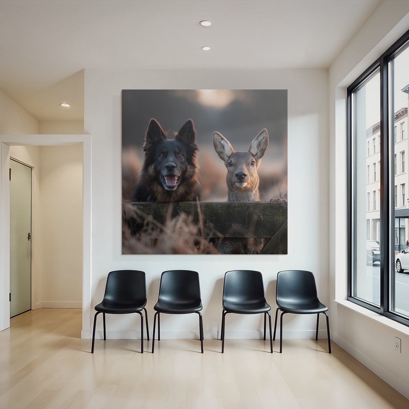 Hund Und Reh Freunde Beim Goldenen Stundenlicht