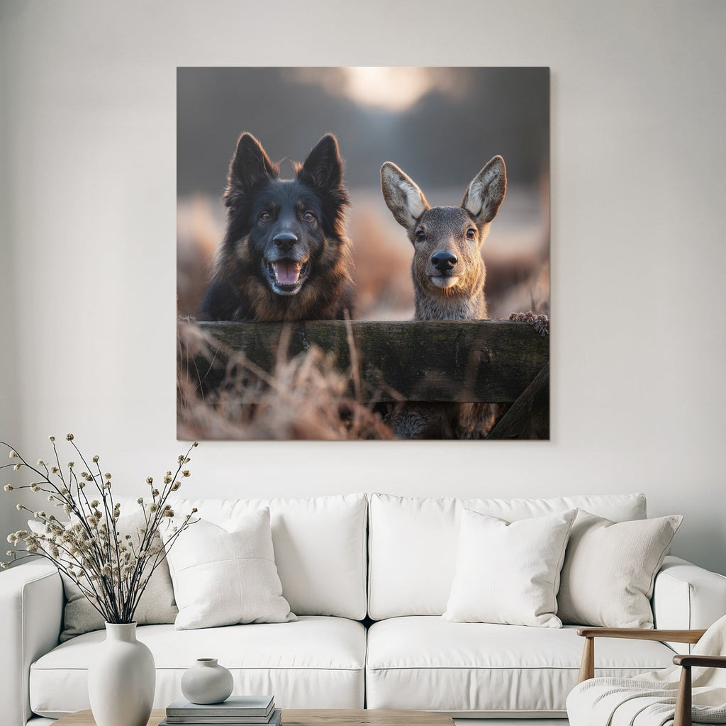 Hund Und Reh Freunde Beim Goldenen Stundenlicht